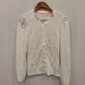 Boden Smocked Button Front Blouse Size 6 US Ivory White Long Sleeve NWOT